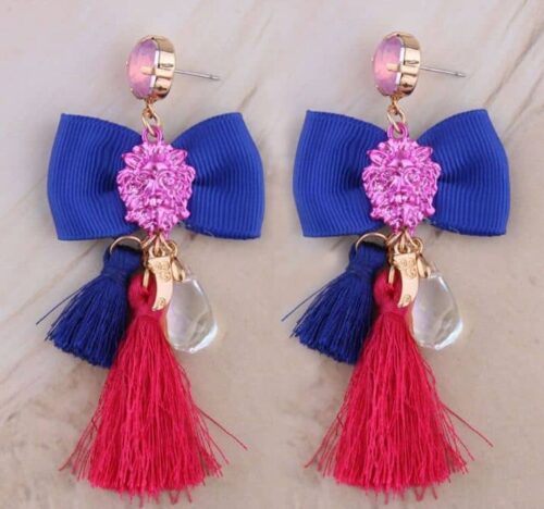Passementarie Bow Tie Lion's Head Tassel Earrings (Bright Royal Blue & Hot Pink Tassel) - Image 3
