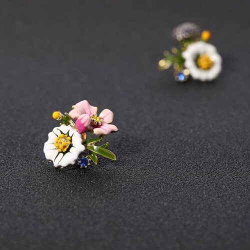 Asymmetrical French Flowers Enamel Hand-painted Earrings | Detailed Flower Earrings - Image 7
