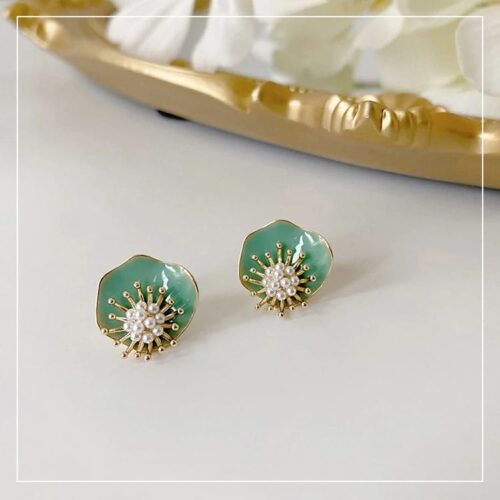 Lotus Leaf Abstract Pearl Flower Stud Earrings - Image 5