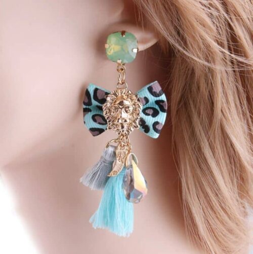 Passementarie Bow Tie Lion's Head Tassel Earrings (Ocean Blue w/ Blue Leopard & Lt. Gray Small Tassel) - Image 3