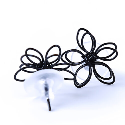 Black Wire Frame Flower Abstract Designer Stud Earrings - Image 2