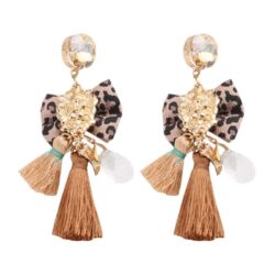 Cafe Brown Passementarie Bow Tie Lion's Head Tassel Earrings (Cafe Brown & Brown Leopard)