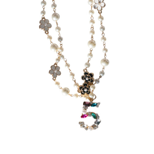 COLORFUL NO. 5 RHINESTONE & PEARL CAMELLIA FLOWER NECKLACE