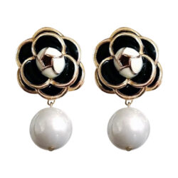 Designer Camellia Flower Stud Enamel Earring With Pearl Drop