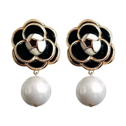 Designer Camellia Flower Stud Enamel Earring With Pearl Drop