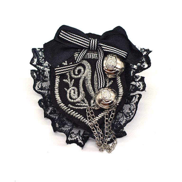 Patched In | Black & Silver Patch Lace & Bow Brooch Pin