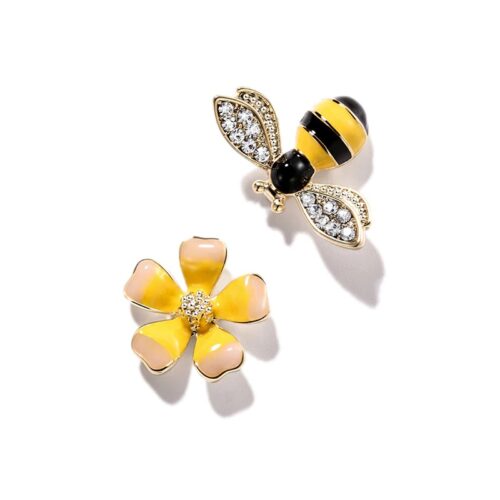 Yellow Bumble Bee & Flower Designer Stud Earrings - Image 2