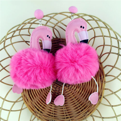 Big Flamingo Pom Pom Pendant Drop Earrings For Women Fluffy Artificial Rabbit Fur Ball Animal Dangle Earrings - Image 2