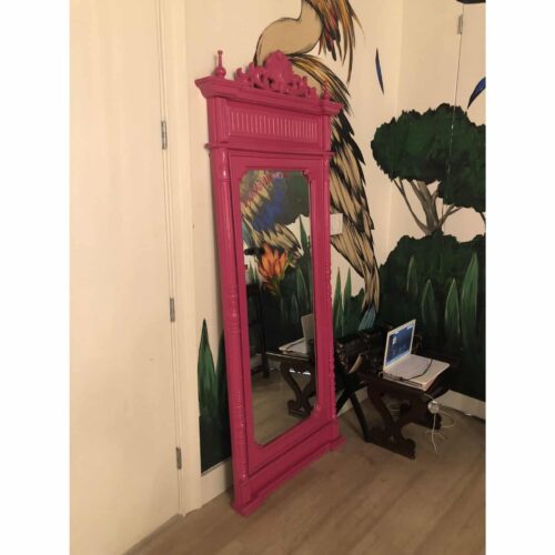 Hot Pink Lacquered Hand-Carved Solid Mahogany Floor Mirror - Image 2