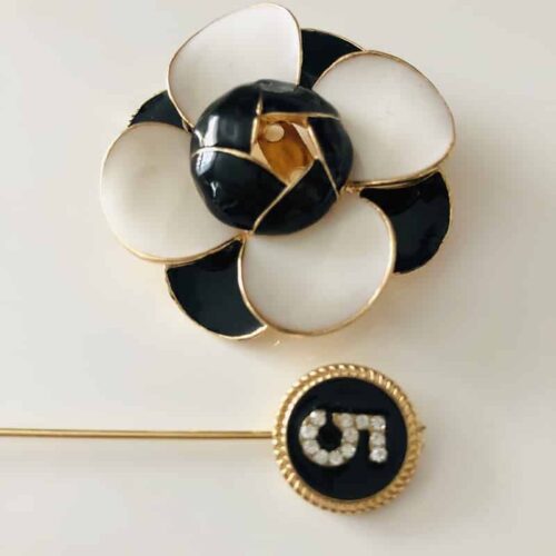 No. 5 Pin w/ Black & White Camellia Flower Brooch - Image 2