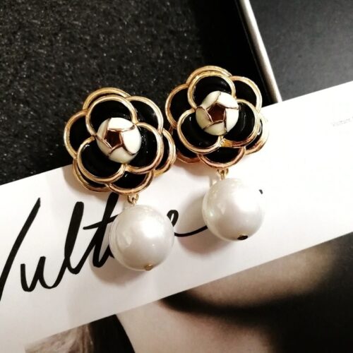 Designer Camellia Flower Stud Enamel Earring With Pearl Drop - Image 3