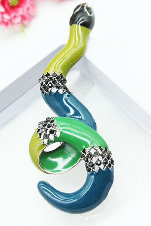 Art Deco Multi-Colored Snake Brooch w/ Black Rhinestones - Image 3