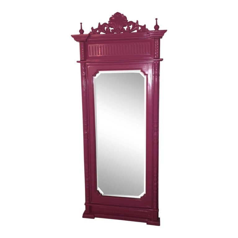 Hot Pink Lacquered Hand Carved Solid Mahogany Floor Mirror