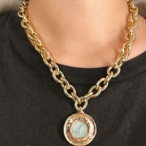 Best Teal Marble Medallion Pendant On Chunky Gold Chain Necklace - Image 8