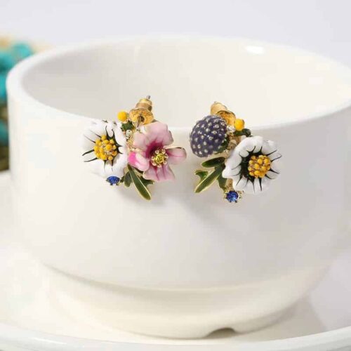 Asymmetrical French Flowers Enamel Hand-painted Earrings | Detailed Flower Earrings - Image 2