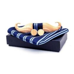 Carved Wooden Mustache Bow Tie w/ Striped Hankie & Cufflinks