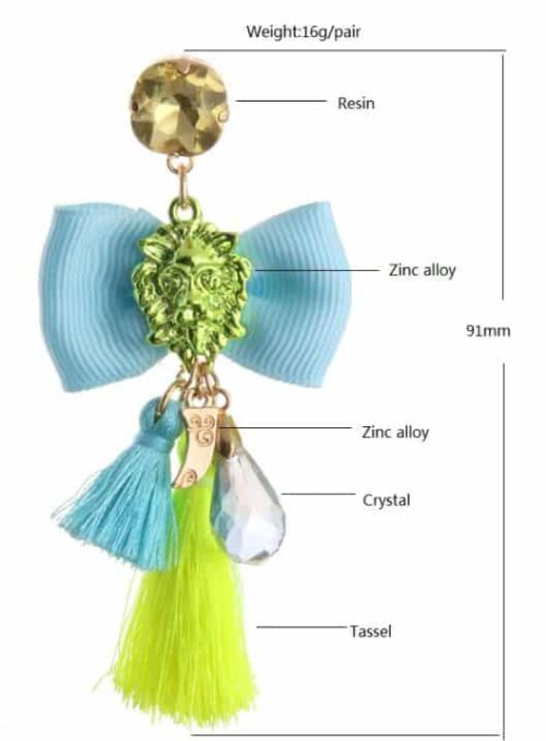 Passementarie Bow Tie Lion's Head Medallion Tassel Earrings (Teal, Pink Leopard) - Image 6