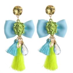 Passementarie Bow Tie Lion's Head Tassel Earrings (Caribbean Blue & Mojito Lime)