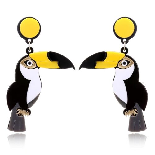 Miami Style, Tropical Bird Toucan Earrings in Black & Yellow. Shop Unique Conversational Earrings & Handmade Acrylic Earrings >>>