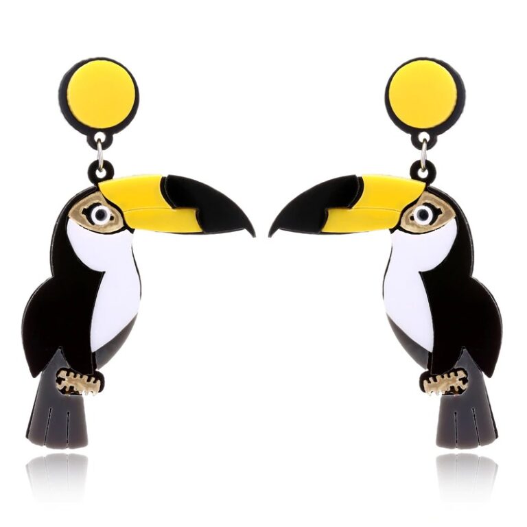 Miami Style, Tropical Bird Toucan Earrings in Black & Yellow. Shop Unique Conversational Earrings & Handmade Acrylic Earrings >>>