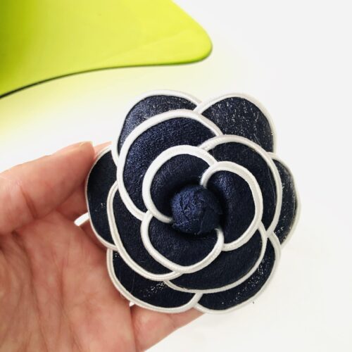 Beautiful Black & White 12-Petal Camellia Brooch Pin French Stitched Hair Clip - Image 2