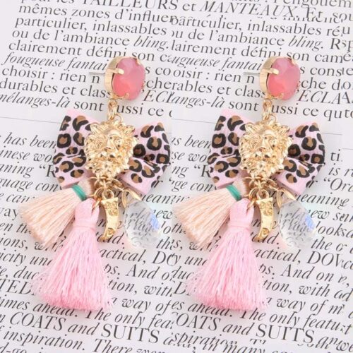 Passementarie Bow Tie Lion's Head Tassel Earrings (Pink & Leopard) - Image 2