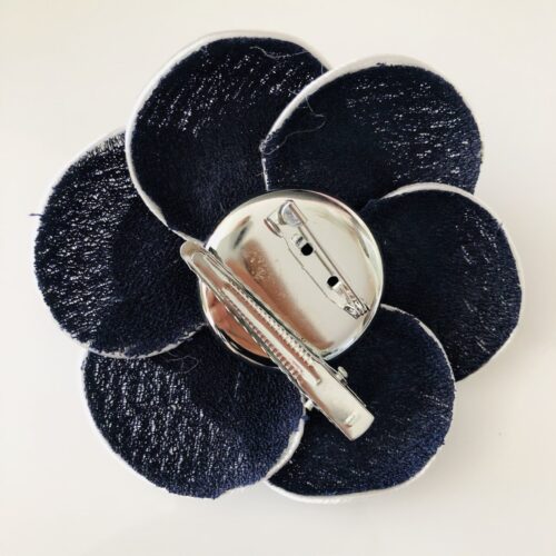 Beautiful Black & White 12-Petal Camellia Brooch Pin French Stitched Hair Clip - Image 4