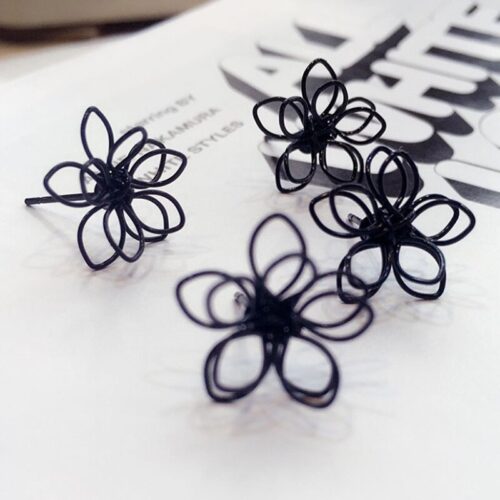 Black Wire Frame Flower Abstract Designer Stud Earrings - Image 3