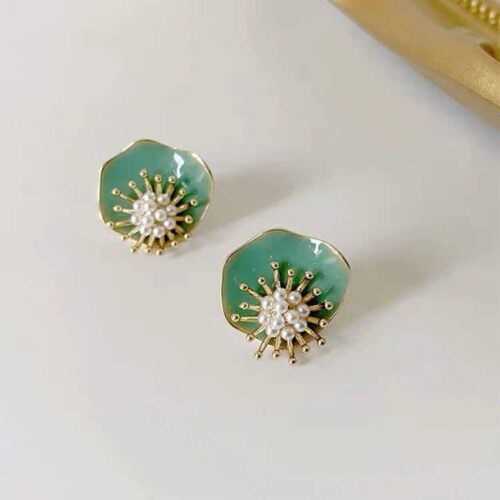 Lotus Leaf Abstract Pearl Flower Stud Earrings - Image 4