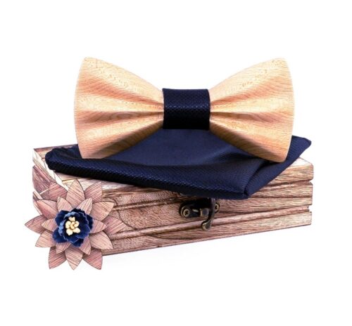 3-D Carved Wooden Bow Ties Gift Set w/ Lapel Flower - Image 2