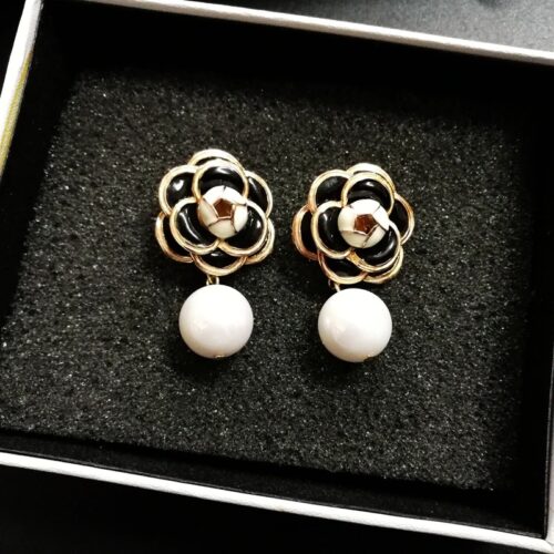 Designer Camellia Flower Stud Enamel Earring With Pearl Drop - Image 5