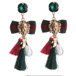 venetian earrings, bow tie earrings. tassel earrings, hunter green, burgandy