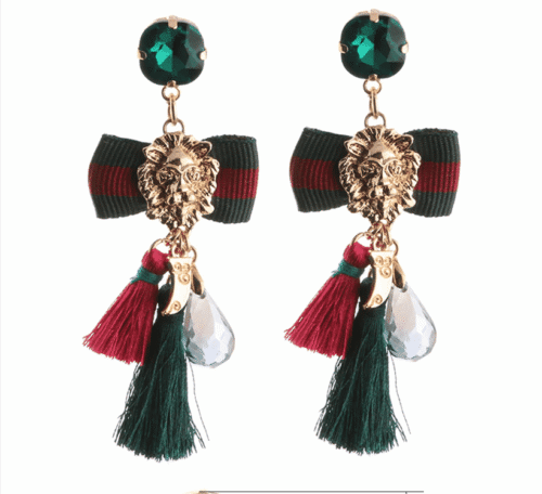 venetian earrings, bow tie earrings. tassel earrings, hunter green, burgandy