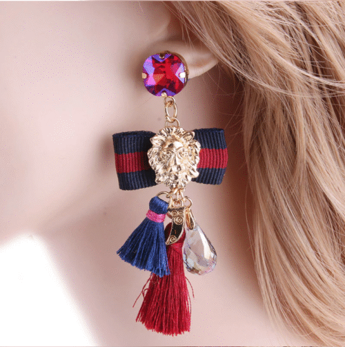 Venetian Stripe Bow Tie Lion Head Medallion Tassel Earrings - Image 2