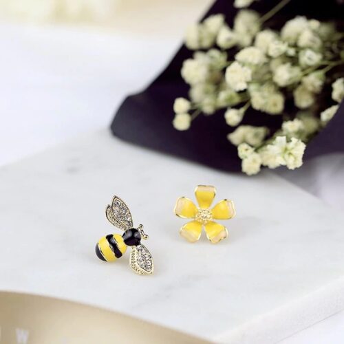 Yellow Bumble Bee & Flower Designer Stud Earrings - Image 4