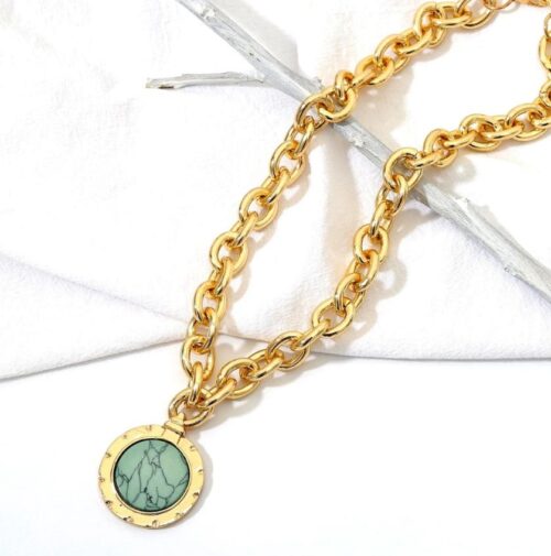 Best Teal Marble Medallion Pendant On Chunky Gold Chain Necklace - Image 4