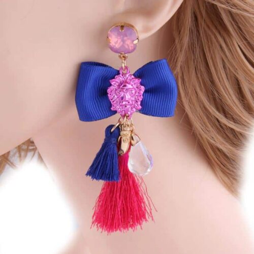 Passementarie Bow Tie Lion's Head Tassel Earrings (Bright Royal Blue & Hot Pink Tassel) - Image 2
