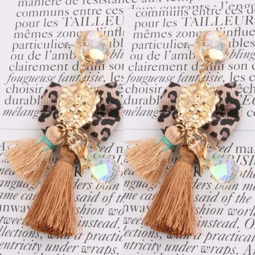 Pink & Blue Passementarie Bow Tie Lion's Head Tassel Earrings (Cafe Brown & Brown Leopard) - Image 3