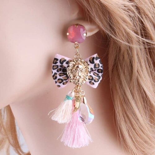 Passementarie Bow Tie Lion's Head Tassel Earrings (Pink & Leopard) - Image 3