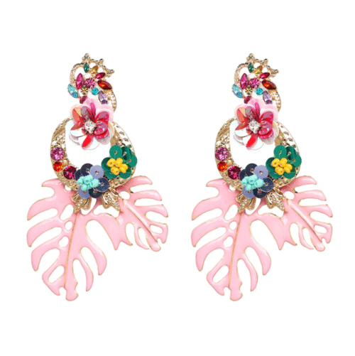 Beautiful #1 Art Deco Enamel Palm Leaf Rhinestone Flower Earrings - Image 2