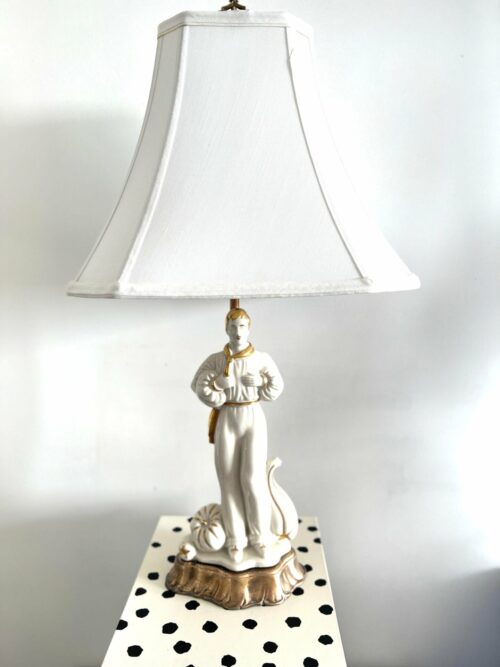 1930s Vintage Male Figural Table Lamp Revival Style White Lamp Gold Porcelain - Image 6
