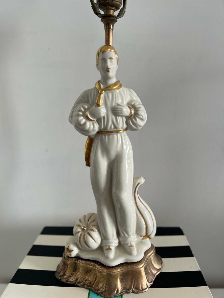 1930s Vintage Male Figural Table Lamp Revival Style White Lamp Gold Porcelain