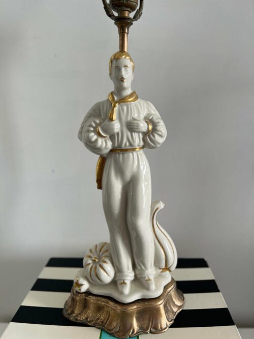 1930s Vintage Male Figural Table Lamp Revival Style White Lamp Gold Porcelain - Image 5