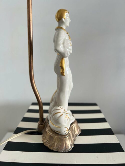 1930s Vintage Male Figural Table Lamp Revival Style White Lamp Gold Porcelain - Image 4