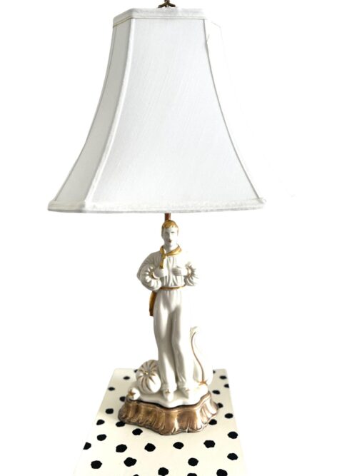 1930s Vintage Male Figural Table Lamp Revival Style White Lamp Gold Porcelain - Image 3