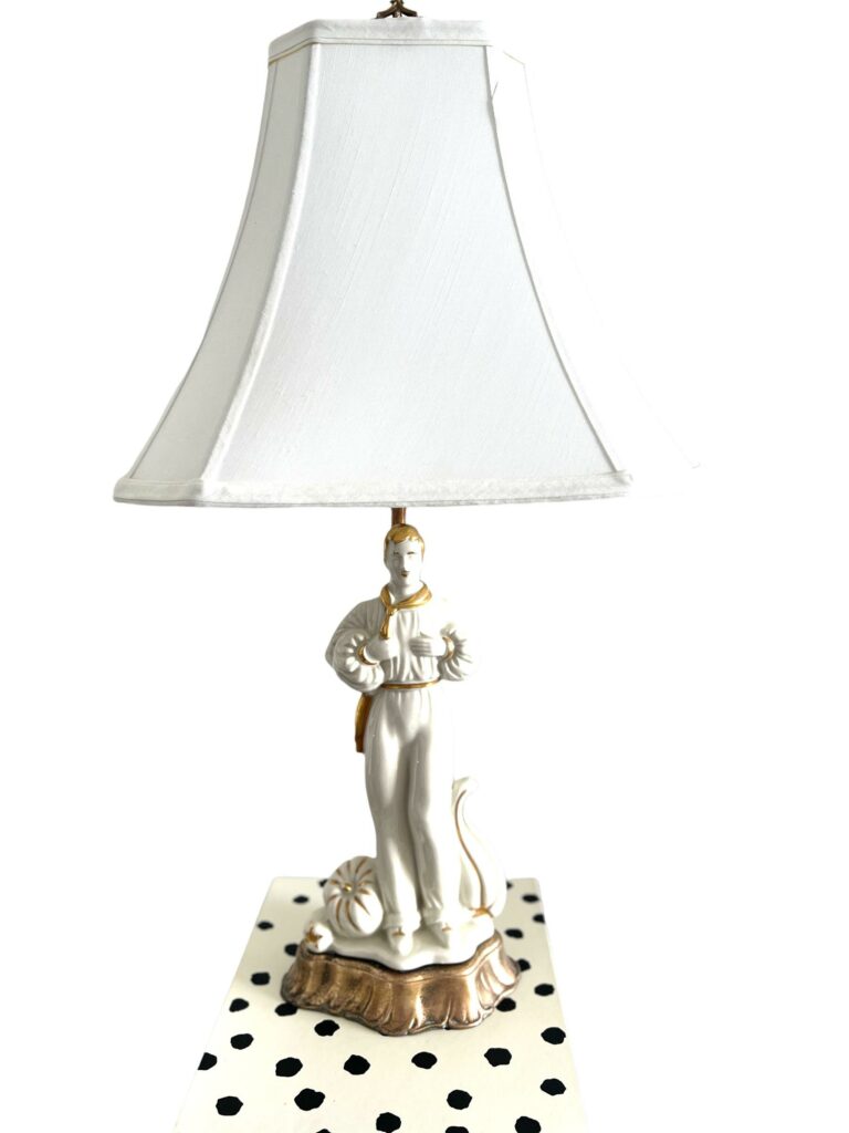 1930s Vintage Male Figural Table Lamp Revival Style White Lamp Gold Porcelain