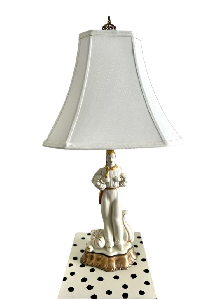 1930s Vintage Male Figural Table Lamp Revival Style White Lamp Gold Porcelain