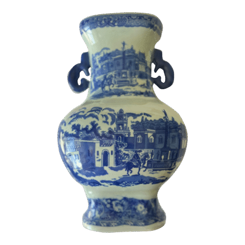 1980s Victoria Ware Ironstone Two-Handled Blue White Chinoiserie Vase