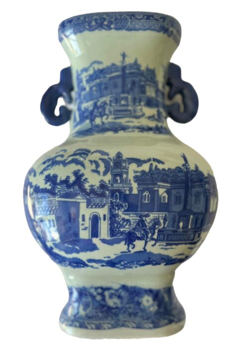 1980s Victoria Ware Ironstone Two-Handled Blue White Chinoiserie Vase - Image 9