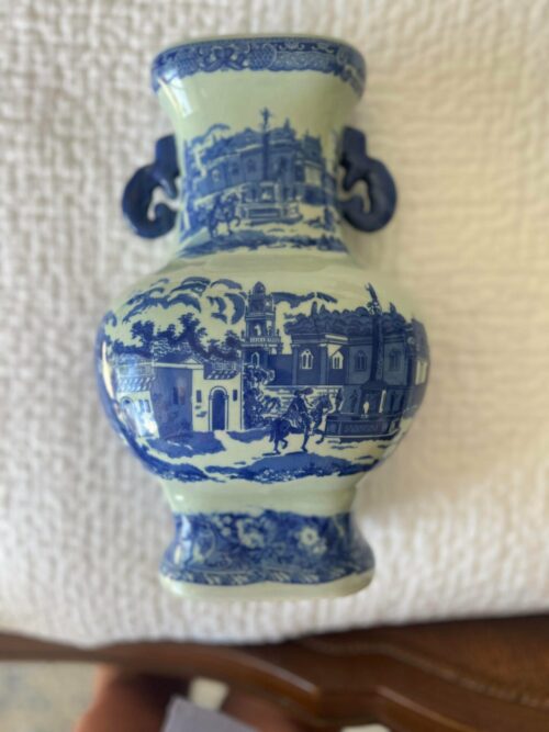 1980s Victoria Ware Ironstone Two-Handled Blue White Chinoiserie Vase - Image 8